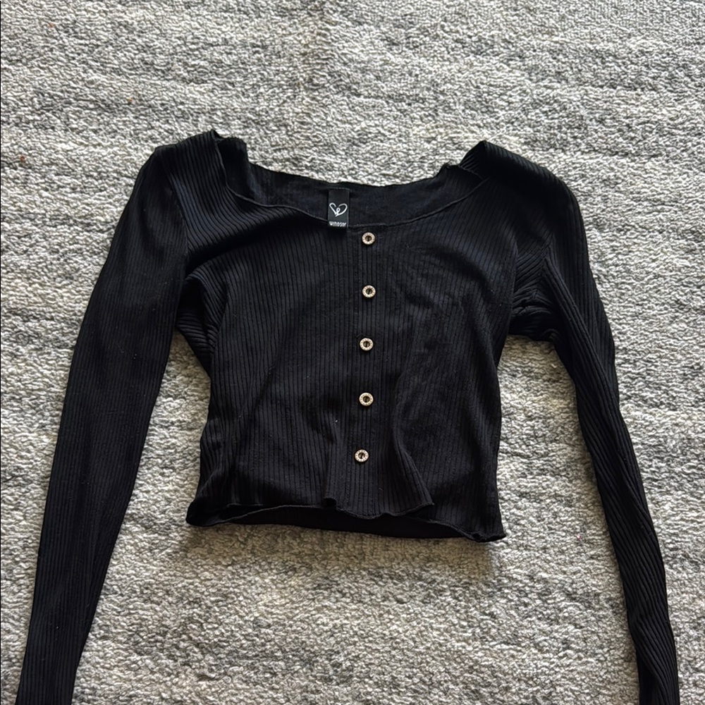 Black Ribbed Button-Up Top
